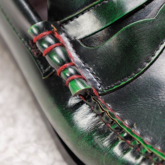 Bass Weejuns Green Black Leather Penny Loafers Contrast Stitching Mens Size 9 - Picture 15 of 16